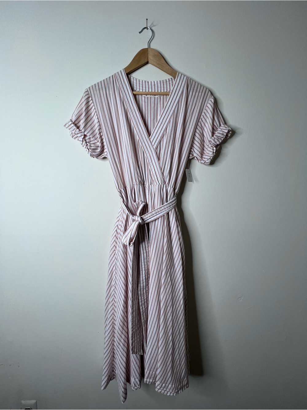 Xirena Striped Wrap Midi Dress in Light Pink & Beige